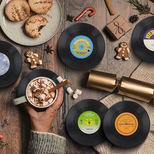 Funny Retro Record Coasters for Drinks with Vinyl Player Holder - Set of 6 Coaster White Elephant Gifts for Music Lovers, Conversation Piece Sayings,Housewarming Hostess Wedding Registry Gift Ideas - Image 2