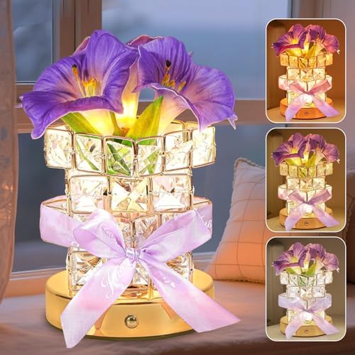 Flower Table Lamp, 3-Color Dimmable Artificial Flowers Night Light, Rechargeable Cordless Small Desk Lamp, Morning Glory with Crystal Vase for Date Party Home Decoration (MF Morning Glory-Purple) by Strackvial