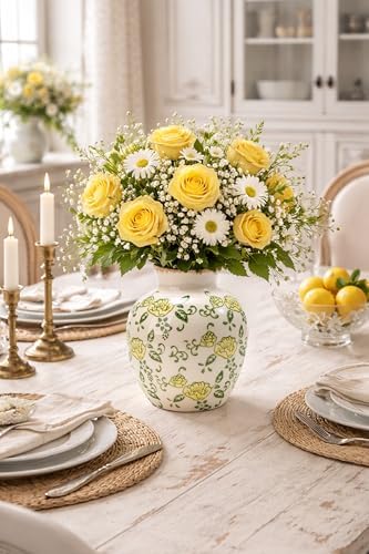 SIDUCAL Ceramic Vintage Vase, 5.83 Inch Yellow Rose Chinoiserie Floral Vase, Rustic Farmhouse Vases for Bouquet, Home Decor, Living Room, Bookshelf, Garden, Tuscan Decor - Image 6