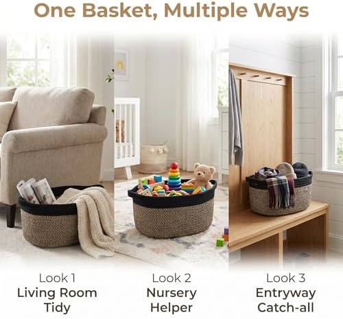 Small Cotton Rope Basket - White Woven Storage Basket with Handles, Desktop Organizer for Keys, Remotes, Makeup, Soft Decorative Bin for Bathroom, Office Shelf (Black/Brown) - Image 2