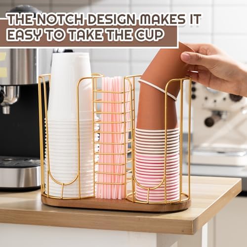 Geelin 18oz Adjustable Coffee Cup Dispenser with Wooden Base, Cup and Lid Holder, Cups Holder Organizer for Coffee Pod Straw and Lid Storage(3-compartment Single,Color 2) - Image 5