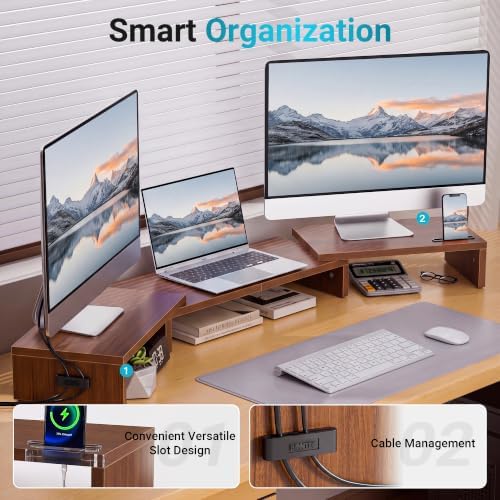 BONTEC Triple Monitor Stand Riser with Smartphone Holder, Walnut - Image 5
