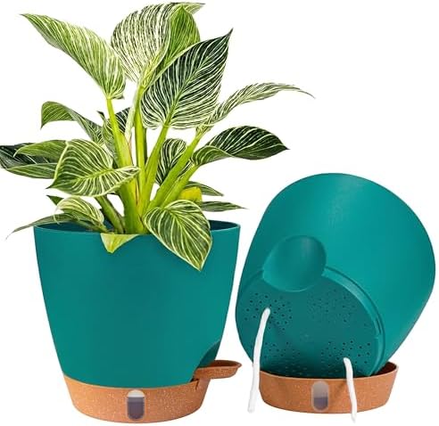 2 Pack 8 inch Plant Pots, Plastic Self Watering Planters by Fielda