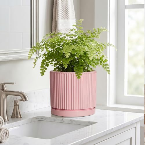8 Inch Plant Pot, Ceramic Flower Pots, Round Plant Pots, Pink - Image 7