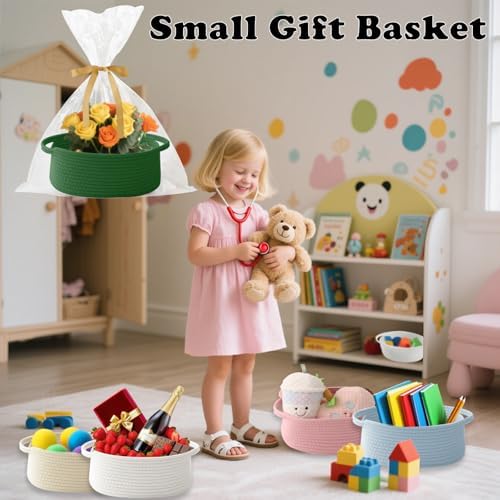 Woven Rope Basket - Baby Gift Basket with Bag & Ribbon, Green - Image 5
