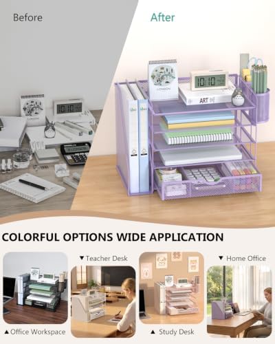 WALI Desk File Organizer, 5 Tier Desktop Paper Letter Tray Organizer with Drawer and 2 Pen Holders, Office Desk Accessories & Workspace Organizers for Office, Home Supplies(DO006DH-V), 1 Pack, Purple - Image 6