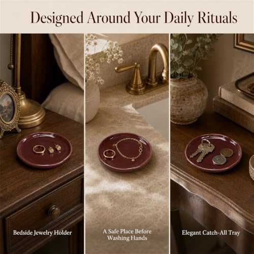 Jewelry Dish, Red Glossy Ceramic Round Shallow Ring Tray - Image 5