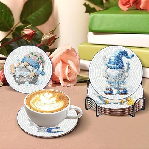 8 Pcs Diamond Art Coasters, Gnome Diamond Painting Coasters Kits for Adults Beginners, Gem Art Coasters with Holder, Funny DIY Crafts for Home Decor Warming Gifts - Image 4