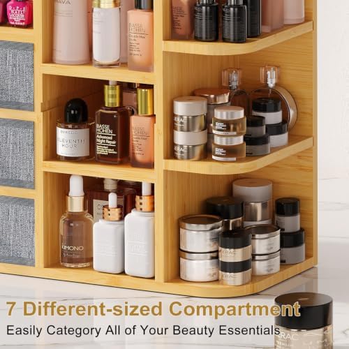 Large Makeup Organizer For Vanity, Large Capacity 3 Tiers Bamboo Bathroom Counter Organizers and Storage, Countertop Makeup Brush Holder, Nail Polish Perfume Stand with 3 Drawers and 10 Compartments - Image 6