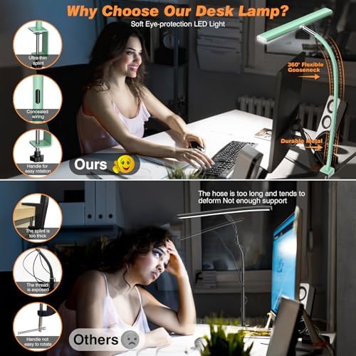 Airlonv LED Desk Lamp with Clamp, 17" Stepless Dimming Light, Mint Green - Image 4