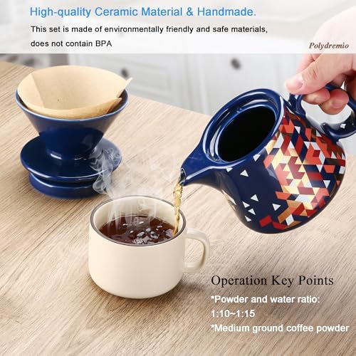 Pour Over Coffee Maker, Ceramic Coffee dripper with 100 pcs Paper Filter, Ceramic coffee Server with Lid, 15.5oz/450 ml, Suitable for 1-2 people (Blue) - Image 4