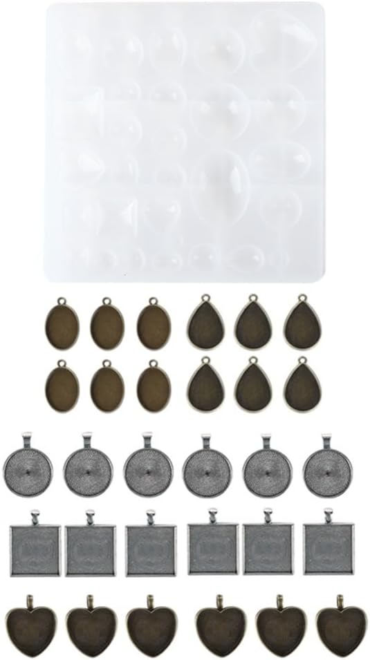 Silicone Mold Alloy Round Oval Heart Shapes Pendant Base Tray for Resin Casting DIY Jewelry Making Kit