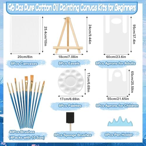 8 Pack Mini Canvas and Easel Set, 8×10 Inch Paint Party Kit Include 8 Small Easels 8 Color Palettes 8 Pen Holders 8 Sponge Brushes 16 Apron and 40 Brushes, Canvas Kit for Painting Party - Image 2
