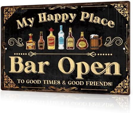 Putuo Decor Home Bar Sign, Retro Metal Tin Sign, My Happy Place Bar Open, 12 x 8 Inches by PUTUODECOR