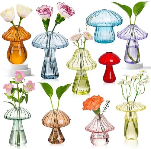Plant Propagation Station, Set of 10 Colored Glass Mushroom Vase by JXWENBYX