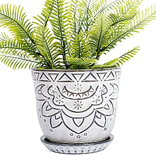 VanEnjoy 5.9 inch Round Bohemian Style Ceramic Planter, Geometry Engrave Off White Brown Succulent Planter Flower Pot, Indoor Outdoor Decorative Planter by VanEnjoy