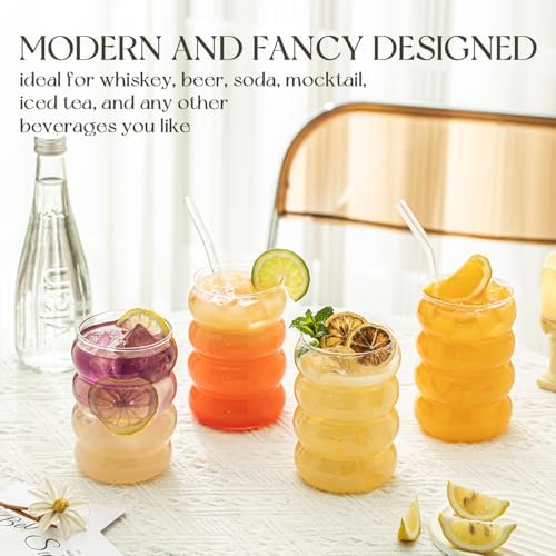 KEMORELA 18oz Wave Shape Beverage Glasses With Straws,Vintage Glass Cups Wine Mugs Set, Ripple Drinking Glasses,for Juice Beer Wine Champagne Cocktail Home Kitchen Bar Mixed Drinks (4PCS) - Image 2