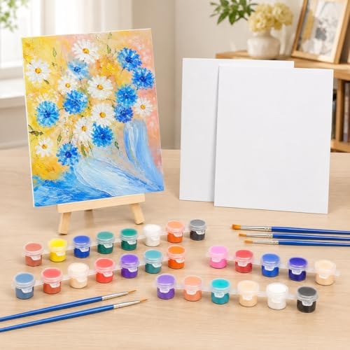 8 Pack 8 x 10 Inch Canvas Boards for Painting, Art Canvas Bulk for Drawing with Paint Brushes & 12 Colors Acrylic Paint, Mini Painting Canvas with Easel Set, Painting Kits for Adults Party Supplies - Image 2
