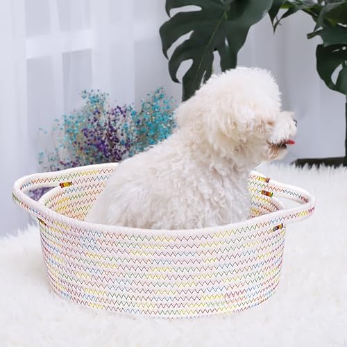 ABenkle Small Basket with Handles, Boho Decorative Rope Woven Dog Cat Toy Storage Bin Shelf Storage Organizer, Easter Christmas Gift Basket, 12"x8"x5" - Image 4