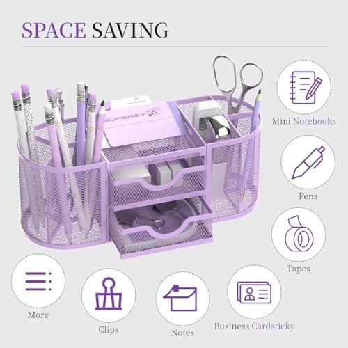 SUPEASY Mesh Desk Organizer, Pen Holder for Desk with 2 Drawers, Purple - Image 4