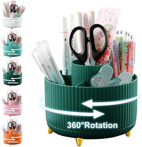 Cayxenful Pencil Holder For Desk,5 Slots 360°Degree Rotating Desk Organizers And Accessories,Desktop Storage Stationery Supplies Organizer, Cute Pencil Cup Pot For Office, School, Home (A-Green) by Cayxenful