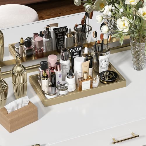 ZHWS Gold Bathroom Vanity Tray for Countertop Perfume Makeup Jewelry Candle Decor, Kitchen Tray for Soap Dispenser Spice Salt, Large Gold Tray for Toilet Tank Paper, Serving Nightstand 13”x6.5” - Image 3