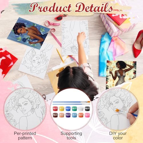 Blosssound 10 Set Charming Lady Pre Printed Canvas Pre Drawn Canvas Painting with Easel Kits 5" x 7" Sip and Paint Party Kit for DIY Art, Adult's Date Night - Image 3