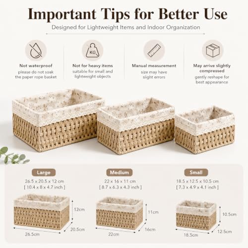 Small Wicker Basket with Liner for Counter, Woven Storage basket Set of 3 - Image 4