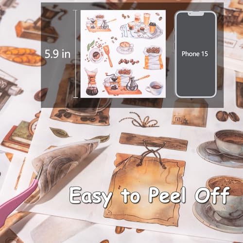 YagCu Coffee Sticker Book, 50 Sheets Journaling Stickers, Junk Journal Supplies, Pre-Cut Aesthetic Washi Materials, Watercolor Scrapbook Stickers for Adults, Decorative Ephemera Planner DIY Arts Craft - Image 5