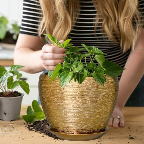 Ceramicfor Ceramic Plant Pot 8 Inch - Planter for Outdoor Plants Indoor Plant Pot with Drainage Hole and Saucer Decorative Round Planter Modern Flower Pot for House Decor Gold - Image 7