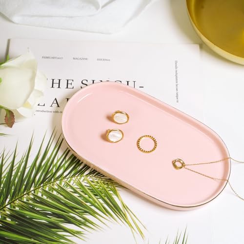 Ceramic Jewelry Dish, Perfume Vanity Tray, 7x4 Decorative Catch All Bowl for Trinket Key Ring, Small Bathroom Counter Tray, Soap Tray for Kitchen Sink (Pink) - Image 2