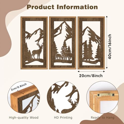 HPNIUB 3PCS Jungle Animals Wall Decor,Rustic Mountain Forest Wooden Sign for Living Room,Vintage Abstract Deer Pine Trees Hanging Wood Plaque Wall Art Nature Wall Sculpture for Home Office(8x16Inch) - Image 2