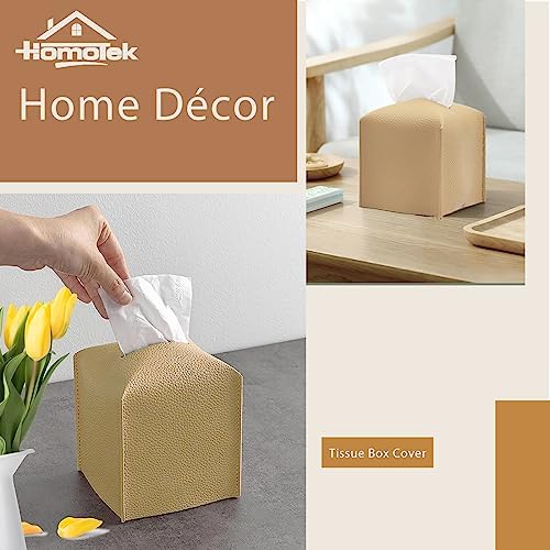 HOMOTEK 2 Pack Tissue Box Cover, Square PU Leather Tissue Holder, Decorative Facial Tissue Cube Paper Organizer Dispenser for Bathroom, Night Stands, Desk, Car 5X5X5'' - Beige, Pebble Grain - Image 7