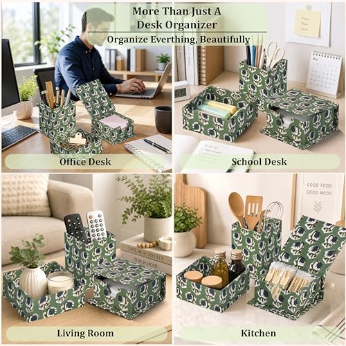 Ridhi Basil Green Block Print Office Desk Organizer Pen & Note Holder - Image 4