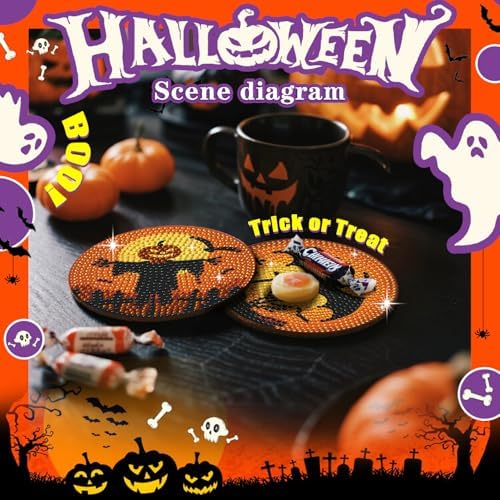 Leatrice 8 PCS Halloween Diamond Art Coasters Set with Holder 4 in - Image 6