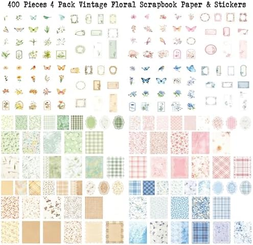 400-Piece Vintage Floral Scrapbook Kit, Paper & Stickers, 4 Color Themes - Image 5