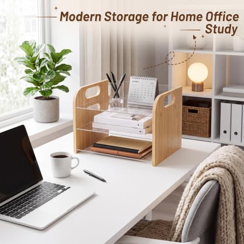 Marsui 3 Tier Desk Paper Organizer, Bamboo & Acrylic Letter Trays Classroom - Image 6