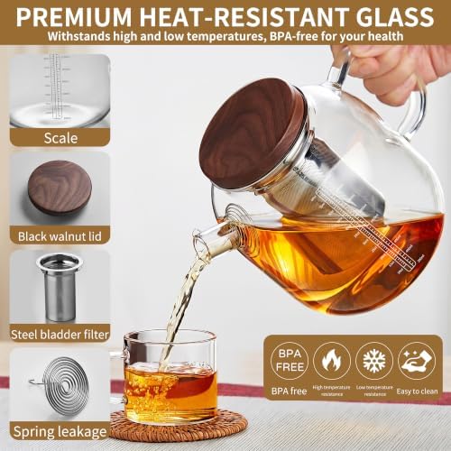 Glass Teapot with Infuser and Lid, 61oz/1.8L Large Borosilicate Glass Tea Pot with Removable Stainless Steel Strainer, Heat-Resistant Handle, Stovetop Safe Tea Kettle for Loose Leaf, Blooming Tea - Image 3
