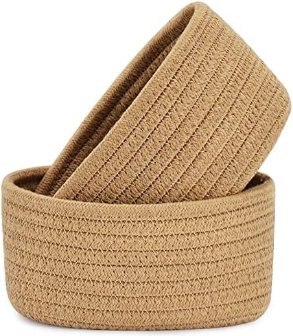 【2 Pack】ABenkle Small Woven Baskets, Tiny Oval Shallow Storage Baskets, Mini Cotton Rope Empty Decorative Basket, Boho Little Organizer Bins for Bathroom, Cat Dog Toy Gifts Baskets by ABenkle