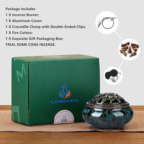 Censer Sky Blue Incense Burner with Calabash Incense Stick Holder - Porcelain Charcoal Censer for Use with Resin Granular Powder Cone or Coil Incense (Blue Fambe) - Image 4