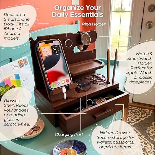 Bourbon Brown Wood Nightstand Organizer Docking Station Key, Wallet & Watch - Image 7