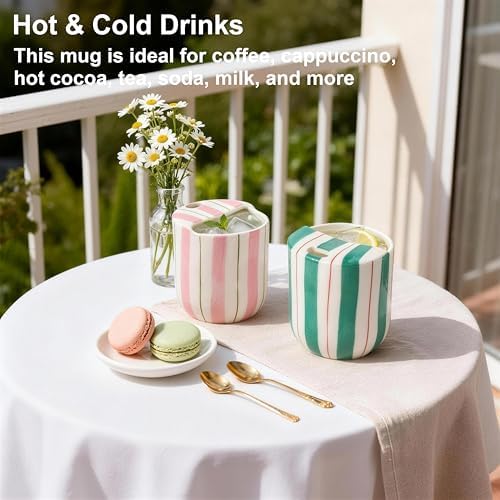 Ceramic Coffee Mug with Sip Hole 10oz Aesthetic Espresso Cup with Hand Painted Striped Coffee Mug for Kitchen Dining Travel (Pink&Green, 2Pack) - Image 7