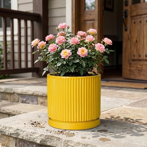 Ceramic Pots for Plants, 10 Inch Plant Pots with Tray, Yellow - Image 7