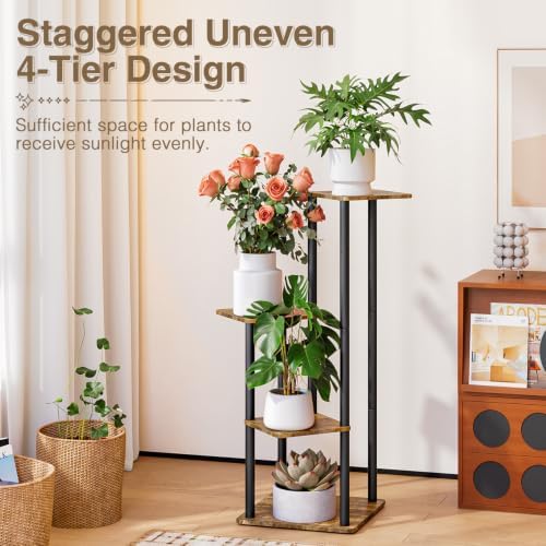AZERPIAN Plant Stand 5 Tier Indoor Metal Flower Shelf for Multiple Plants Corner Tall Flower Holders for Patio Garden Living Room Balcony Bedroom, Black (Small 4 Tier+Black Rustic Brown) - Image 2
