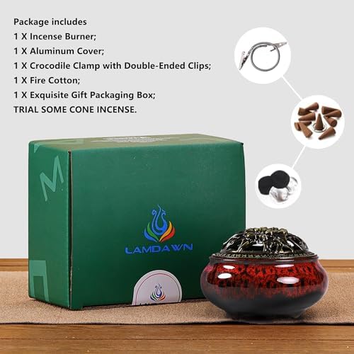 Incense Burner with Calabash Incense Stick Holder - Porcelain Charcoal Censer for Use with Resin Granular Powder Cone or Coil Incense (Fambe Red) - Image 3