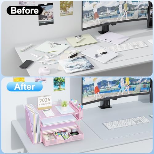 gianotter Desk Organizers and Accessories with File Holder, 4-Tier Desk Accessories & Workspace Organizers with Drawer and 2 Pen Holder, Paper Organizer for Office Supplies (Pink) - Image 2