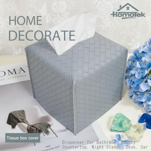 HOMOTEK 1 Pack Tissue Box Cover, Square PU Leather Tissue Holder, Decorative Facial Tissue Cube Paper Organizer Dispenser for Bathroom, Night Stands, Desk, Car 5X5X5'' - Woven Waffle,Light Gray - Image 4
