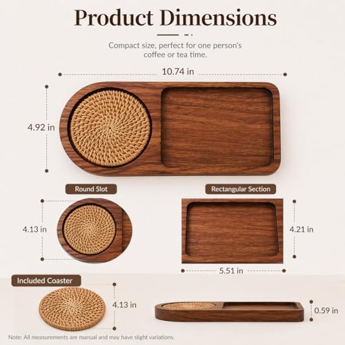 Wooden Coffee Cup Tray with Coaster Holder, Solid Cassia Wood Tea Tray with Snack Section, Cup and Snack Serving Tray for Desk, Bedside, Coffee Table - Image 4