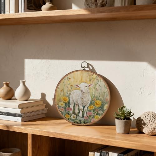 OFJE Spring Floral Lamb Wall Art Decor, Farmhouse Baby Sheep Nursery Round Wall Hanging Decor, Rustic Wildflower Animal Framed Canvas Prints for Nursery Kids Room Home Bedroom Decorations, 10x10 Inch - Image 4