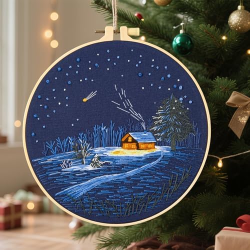 Christmas Embroidery Kits for Beginners Adults, Winter Hand Embroidery Starter Kits, Christmas Cross Stitch Kits for Beginners Needlepoint DIY Kits for Adults, Embroidery Hoop, Thread & Video Tutorial - Image 4